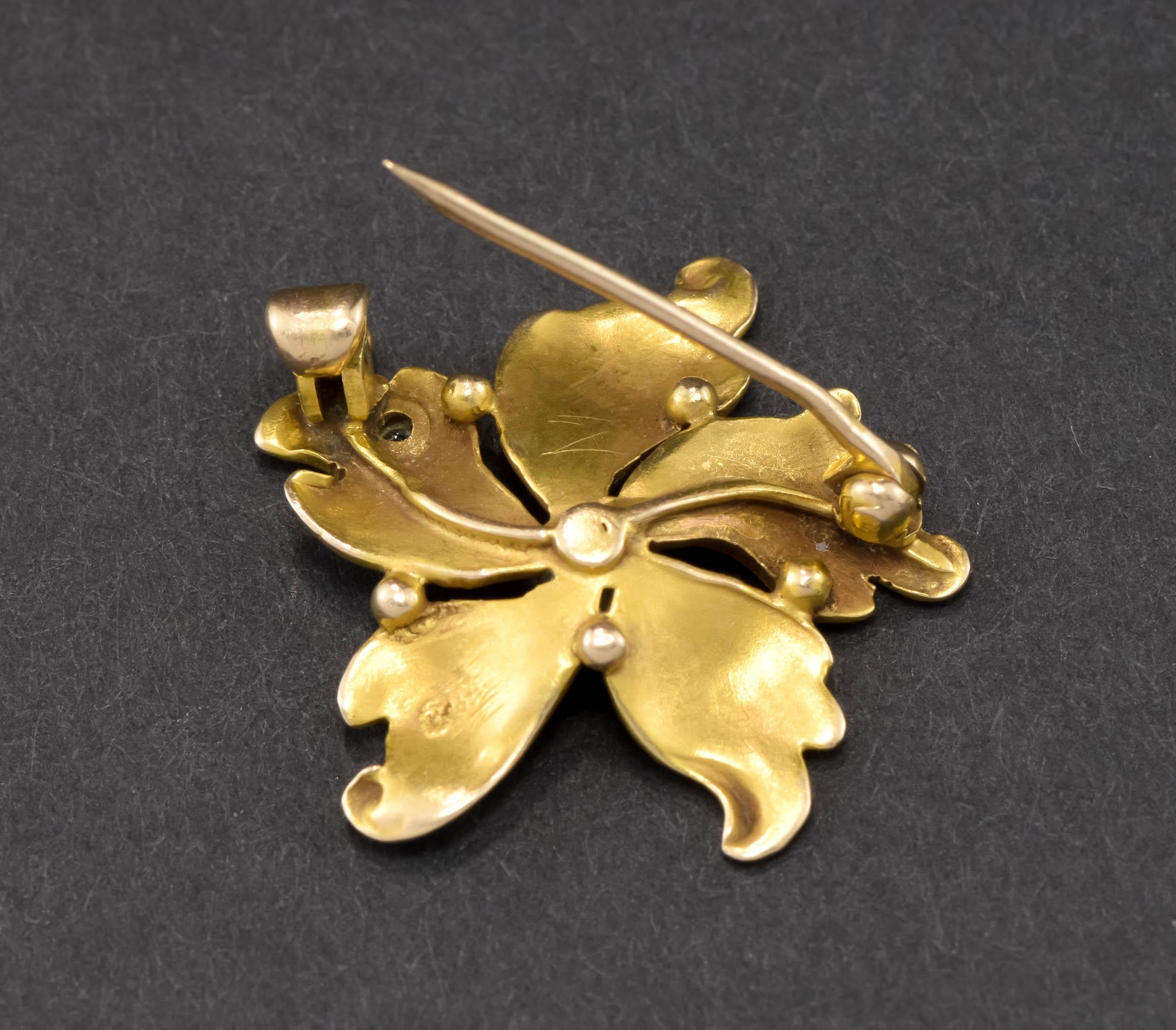 Art Nouveau Petite Gold Flower Brooch Pin with Old Cut Diamond & Pearl In Good Condition For Sale In Danvers, MA