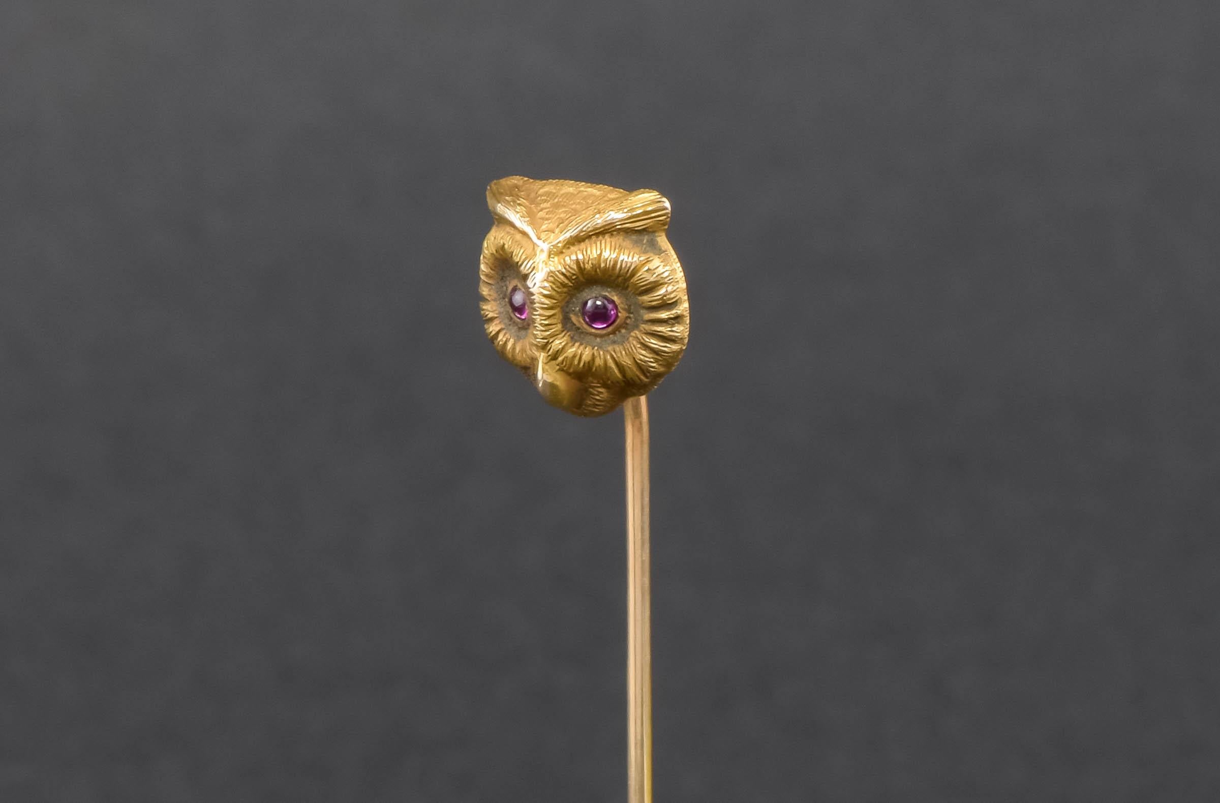 Cabochon Art Nouveau Petite Gold Owl Stickpin with Ruby Eyes by Riker Bros.