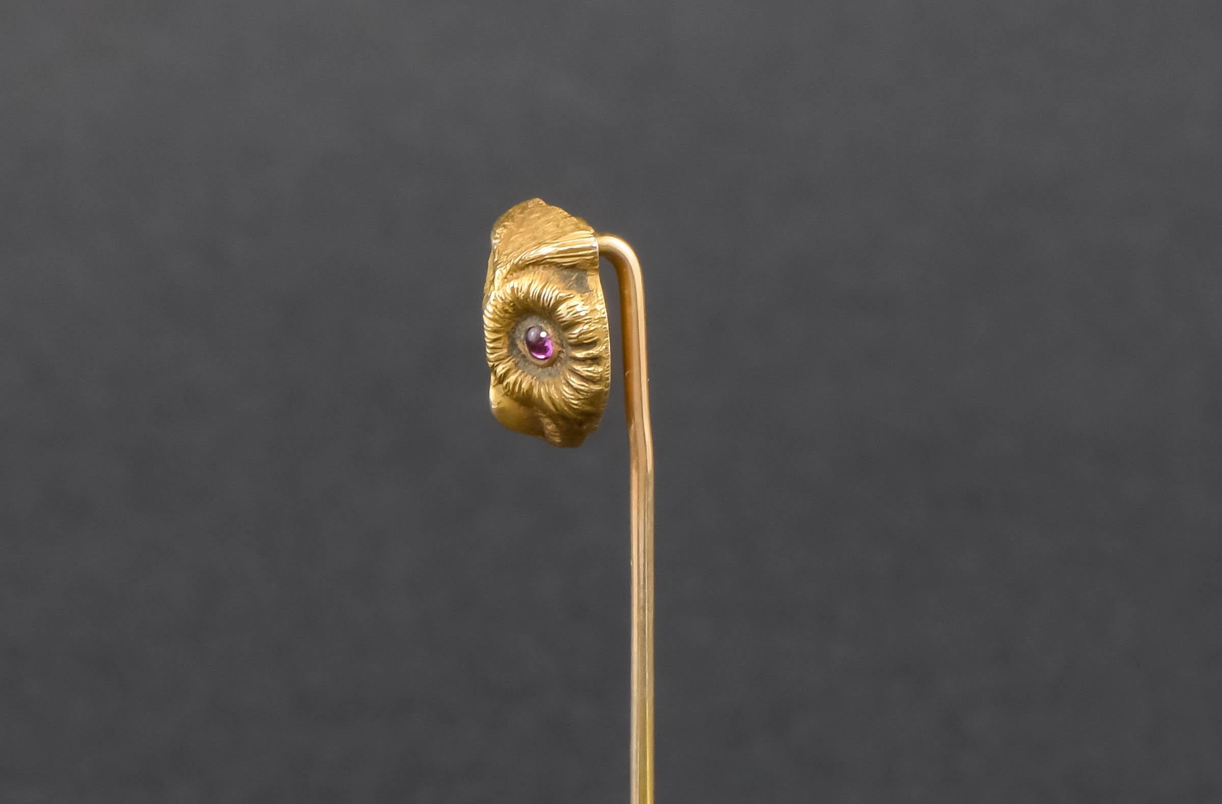 Art Nouveau Petite Gold Owl Stickpin with Ruby Eyes by Riker Bros. In Good Condition In Danvers, MA
