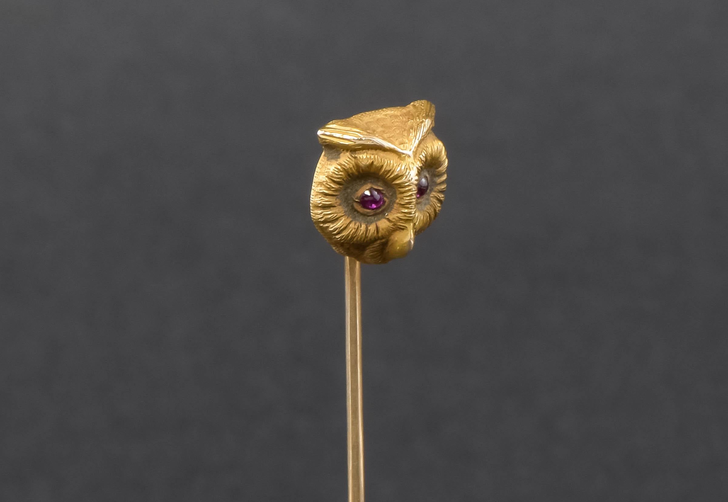 Art Nouveau Petite Gold Owl Stickpin with Ruby Eyes by Riker Bros. 2