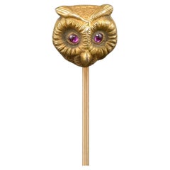 Antique Art Nouveau Petite Gold Owl Stickpin with Ruby Eyes by Riker Bros.