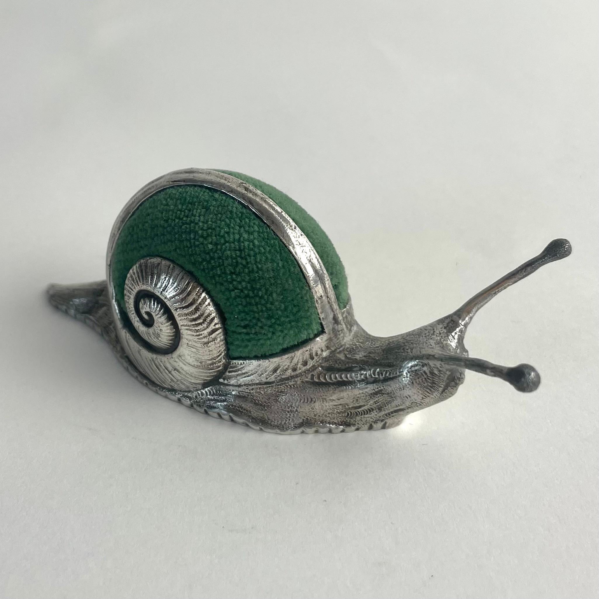 European Art Nouveau Pewter and Velvet Snail-Shaped Pincushion, Early 20th Century For Sale
