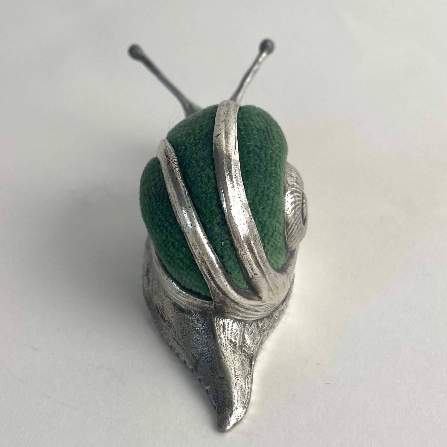 Art Nouveau Pewter and Velvet Snail-Shaped Pincushion, Early 20th Century For Sale 1