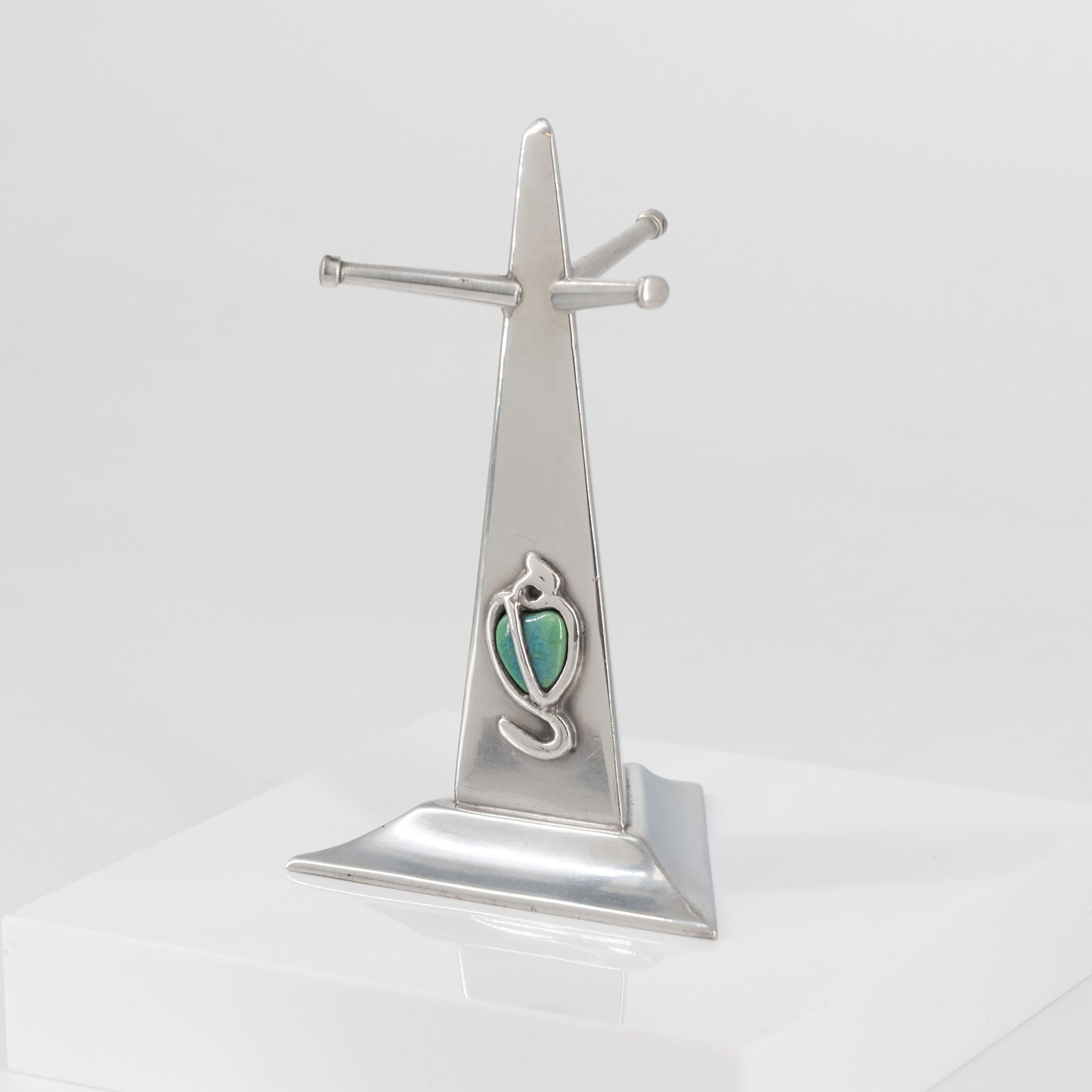 English Art Nouveau Pewter & Cabochon Tree Ring Stand Holder By G L Connell London For Sale