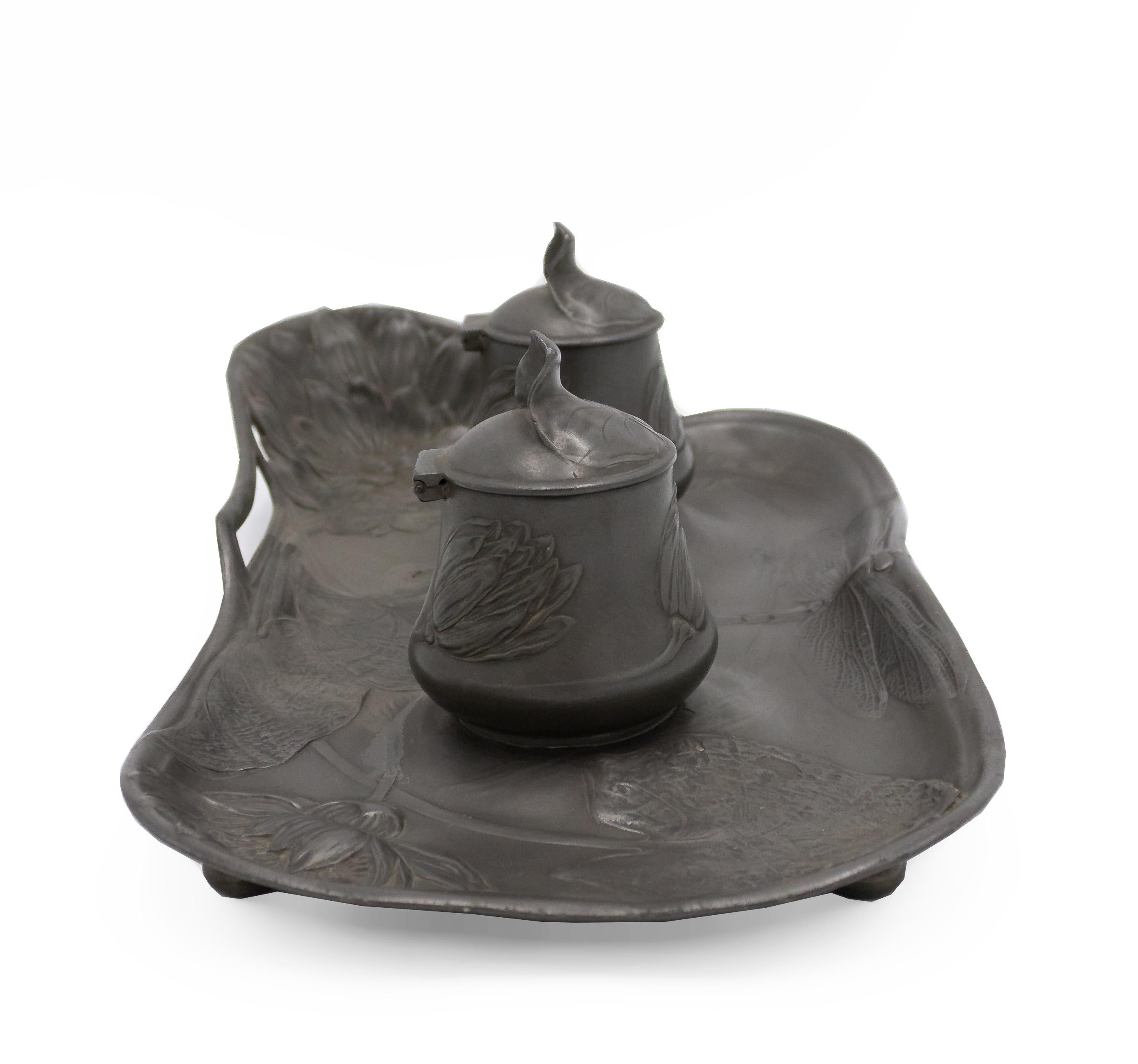 20th Century Art Nouveau Pewter Double Inkwell For Sale
