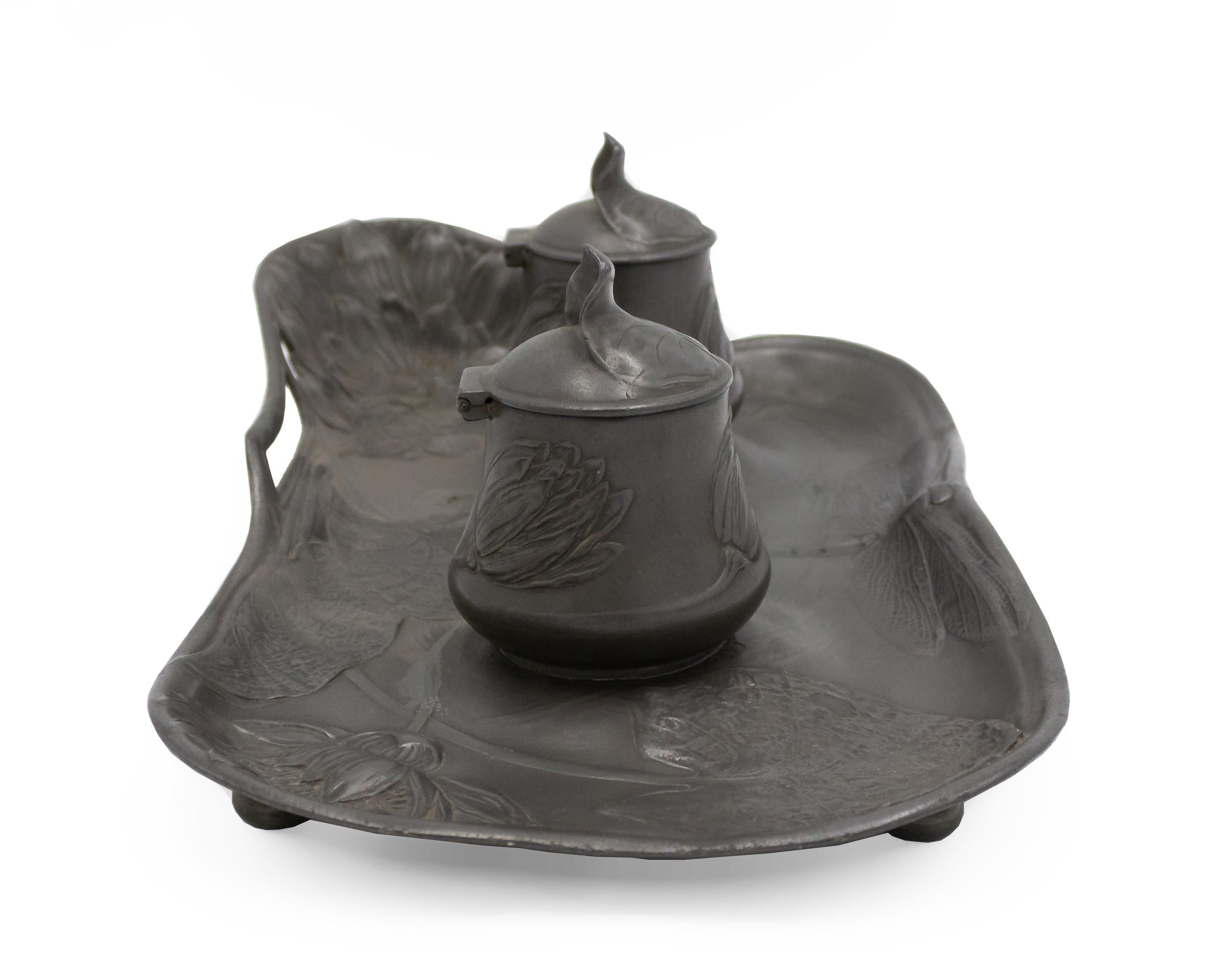Art Nouveau Pewter Double Inkwell For Sale 1