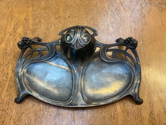art nouveau pewter inkwell, glass bucket, circa 1900
