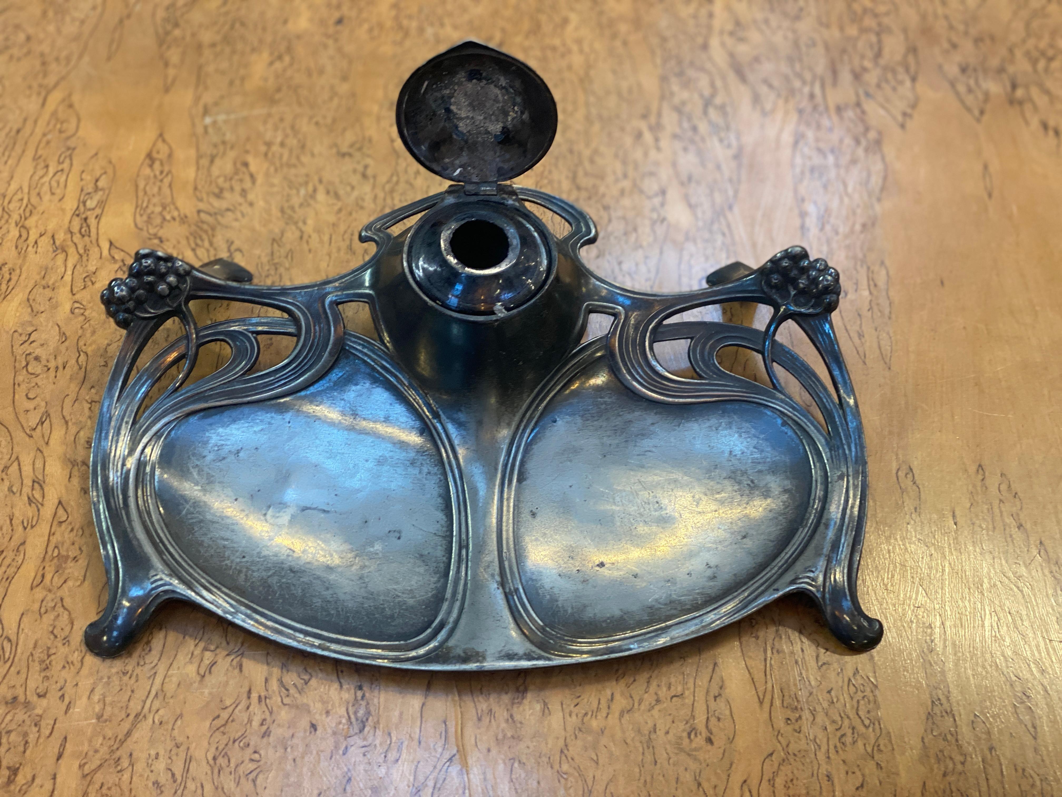 art nouveau pewter inkwell, glass bucket, circa 1900 For Sale 1