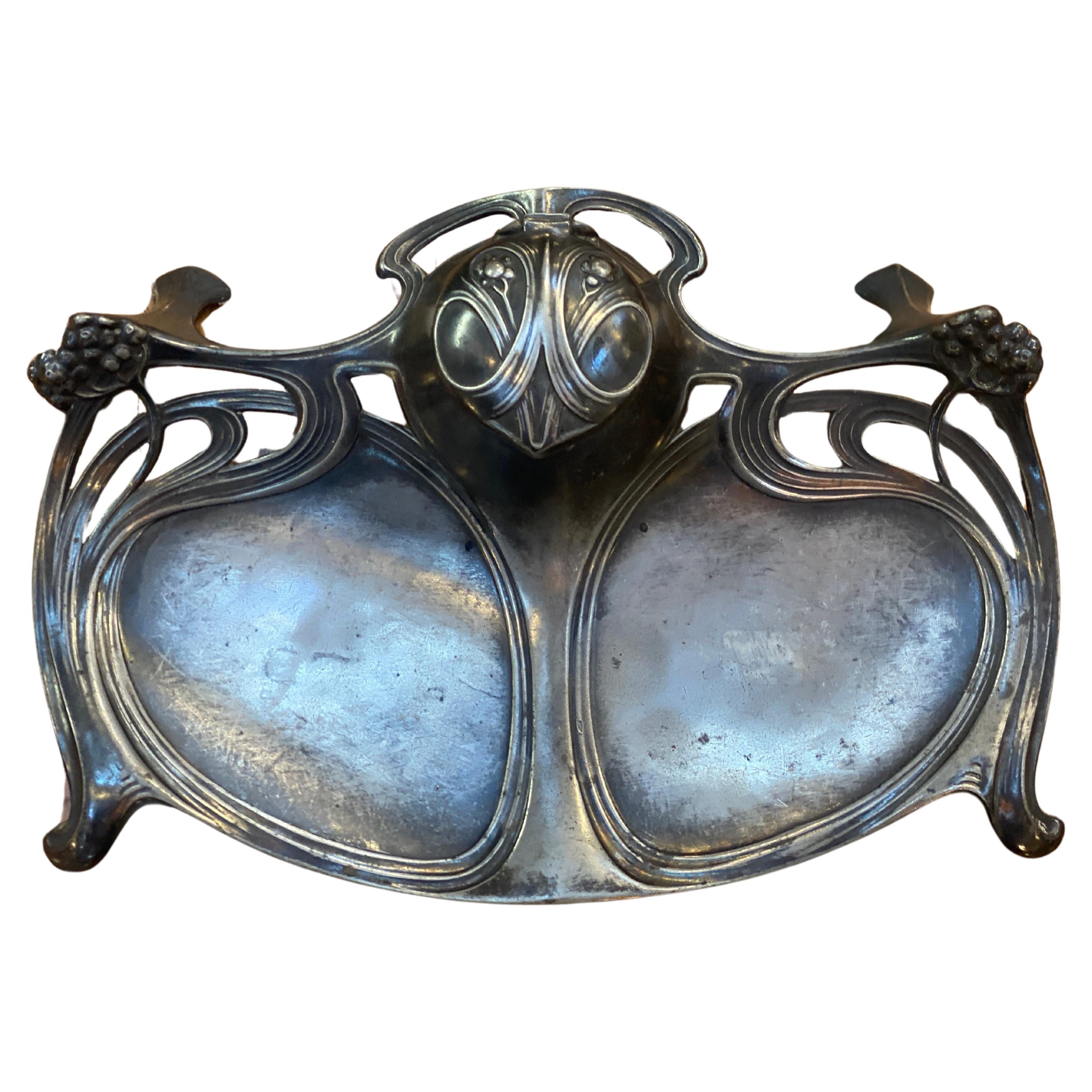 art nouveau pewter inkwell, glass bucket, circa 1900 For Sale