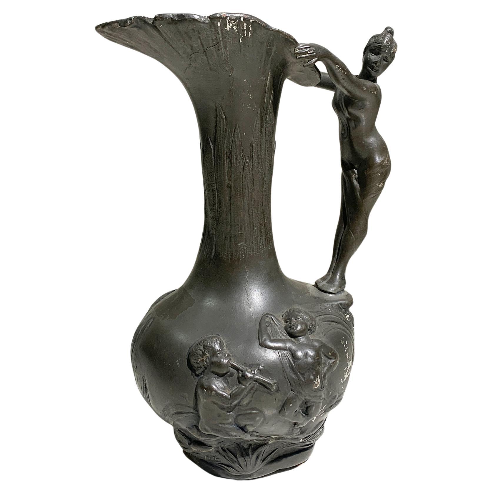 Art Nouveau Pewter Pitcher by Jean Maurice Petizon, Signed "Petiz" , Circa 1920 For Sale