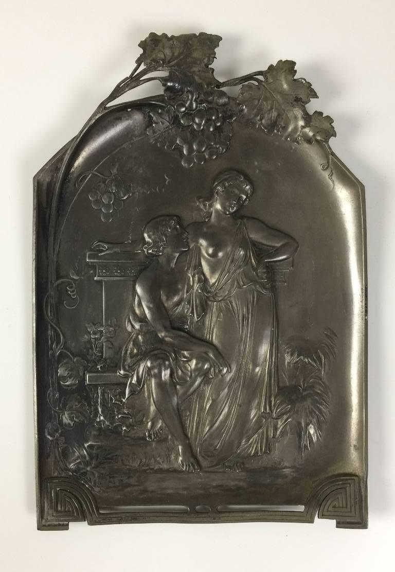 A very detailed Art Nouveau pewter art plate or plaque.

From the estate of Gore Vidal.

Dimensions: 14