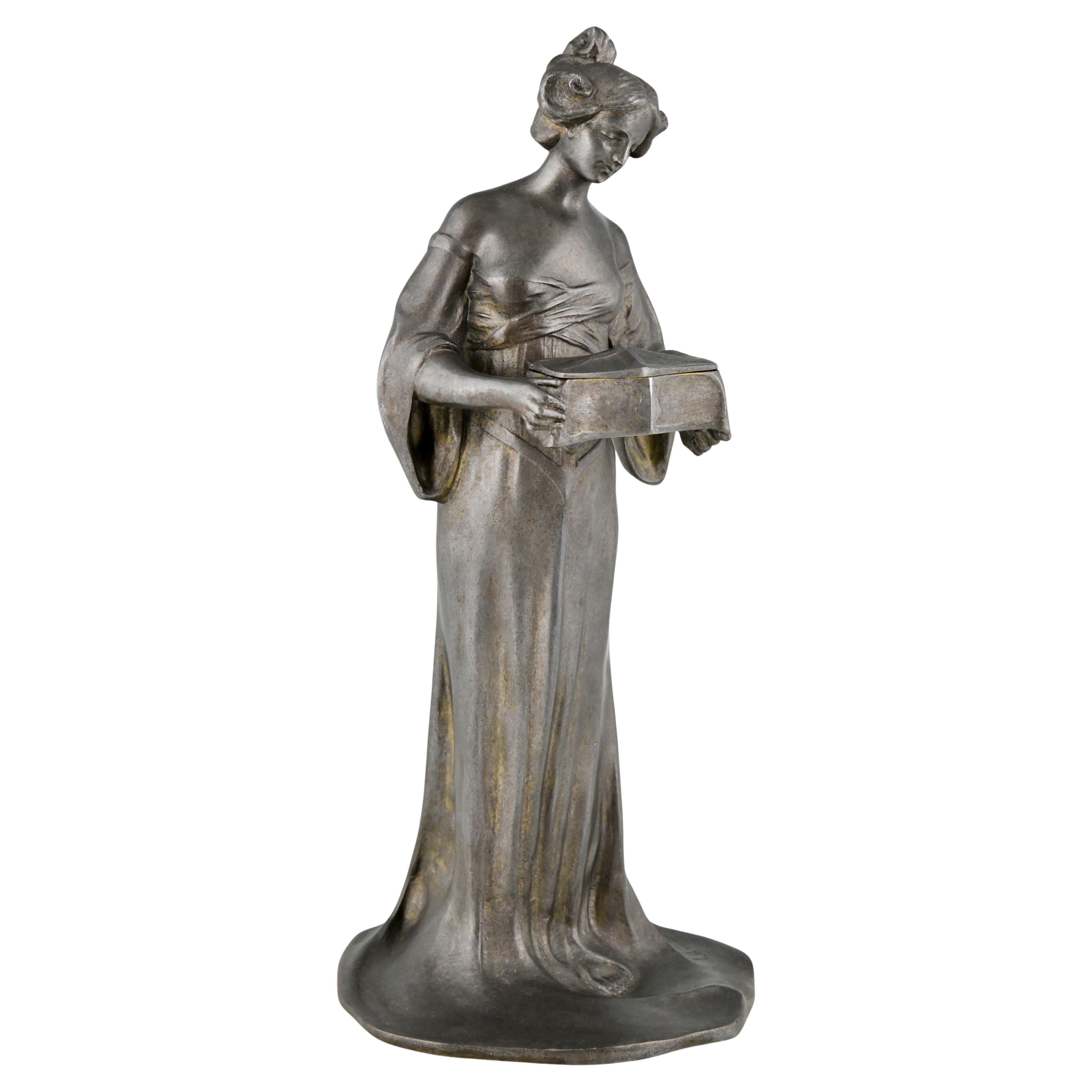 Art Nouveau pewter Sculpture lady with casket by Mattei France 1900