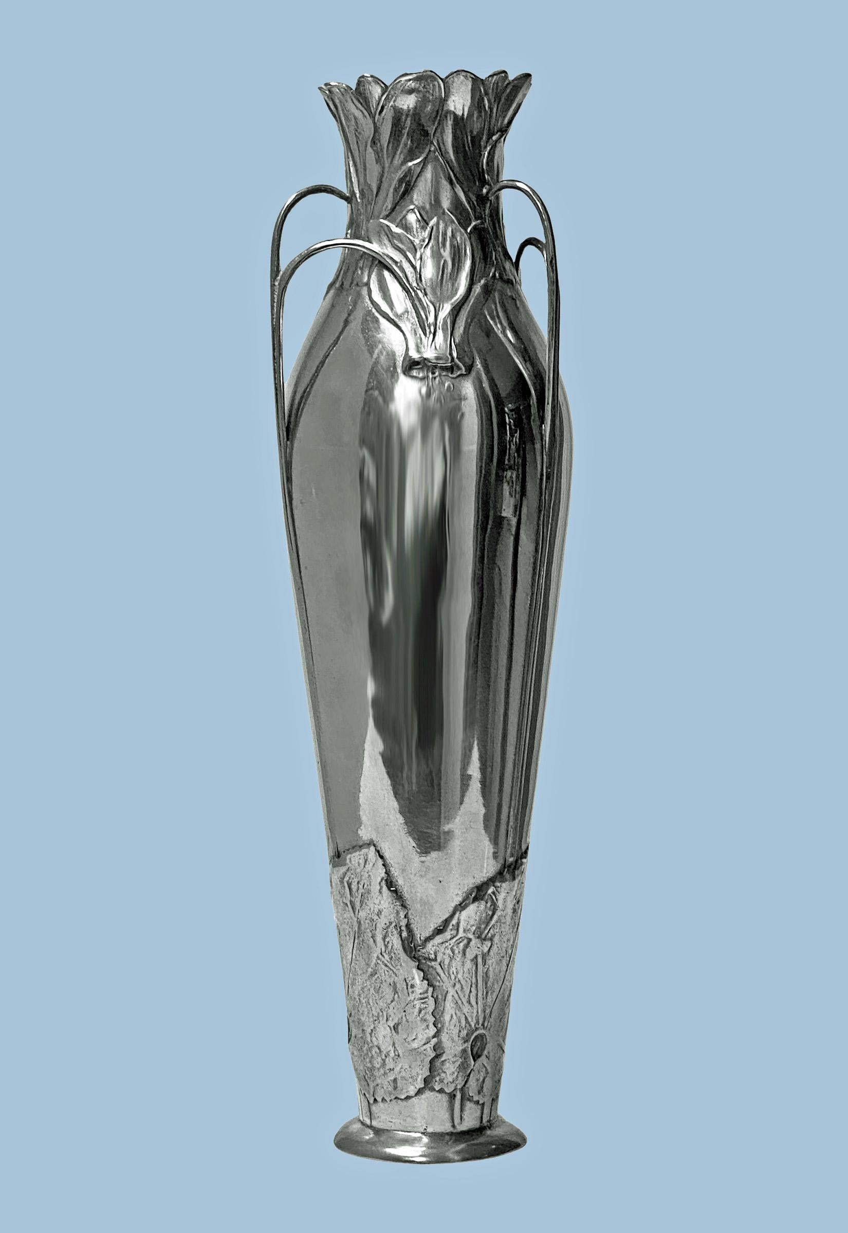 Art Nouveau polished pewter Vase designed by Hugo Levin for Kayserzinn, Germany, C.1900. The slender tapered Vase on circular base with a large frieze of leaf surround, the top with a surround of stylised floral foliage decoration out of which