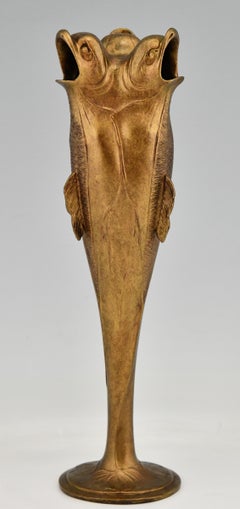 Art Nouveau Pewter Vase with 3 Upright Fish Hermann Gradl for Osiris, 1899