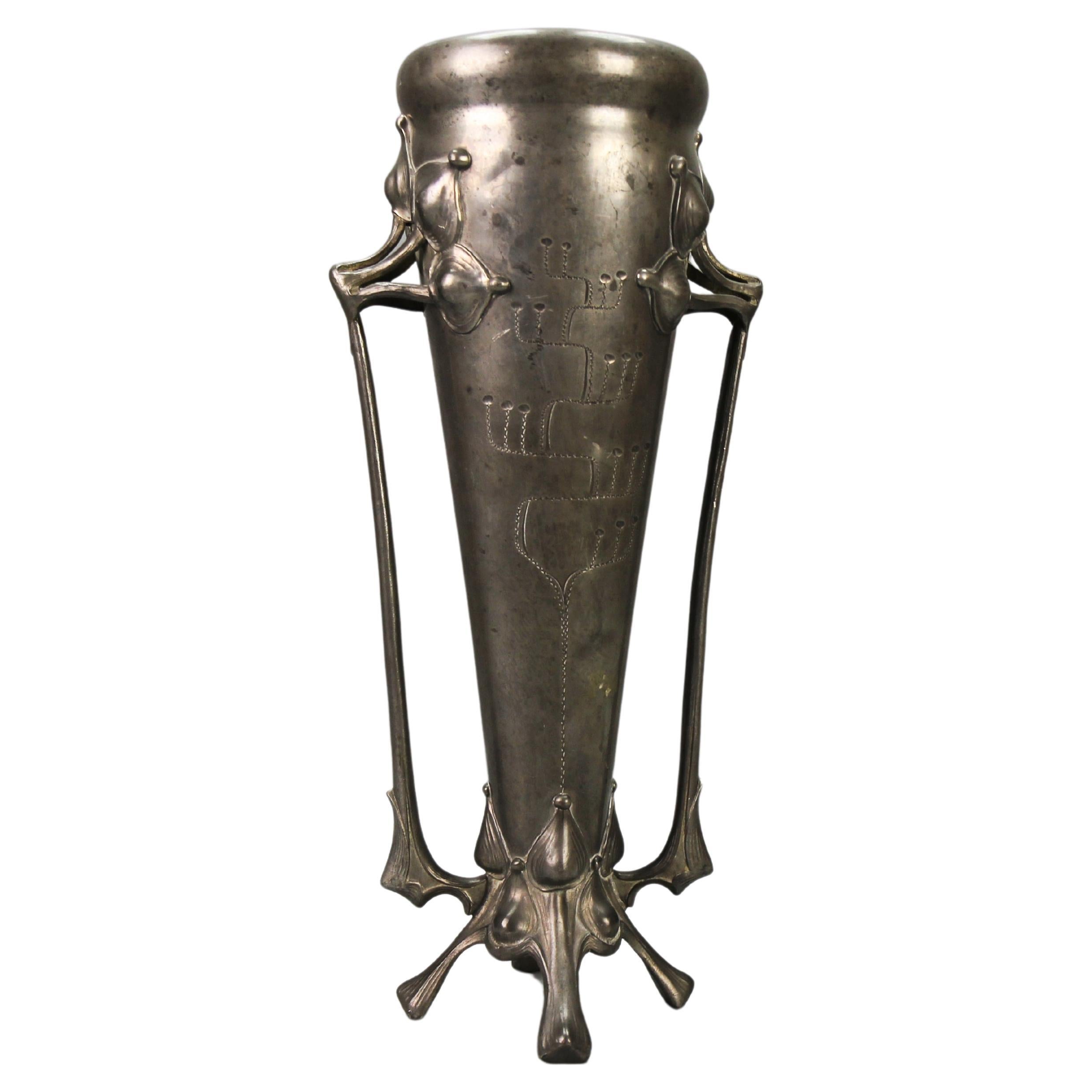 Art Nouveau Pewter Vase with Plant Motifs, Early 20th Century For Sale