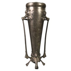 Vintage Art Nouveau Pewter Vase with Plant Motifs, Early 20th Century