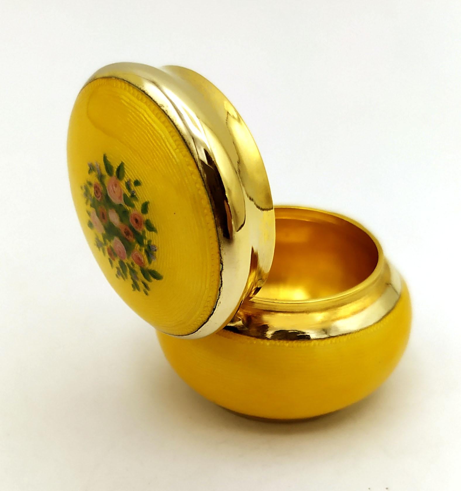 Italian Art Nouveau Pill Box Yellow Hand Painted Sterling Silver Enamel Salimbeni