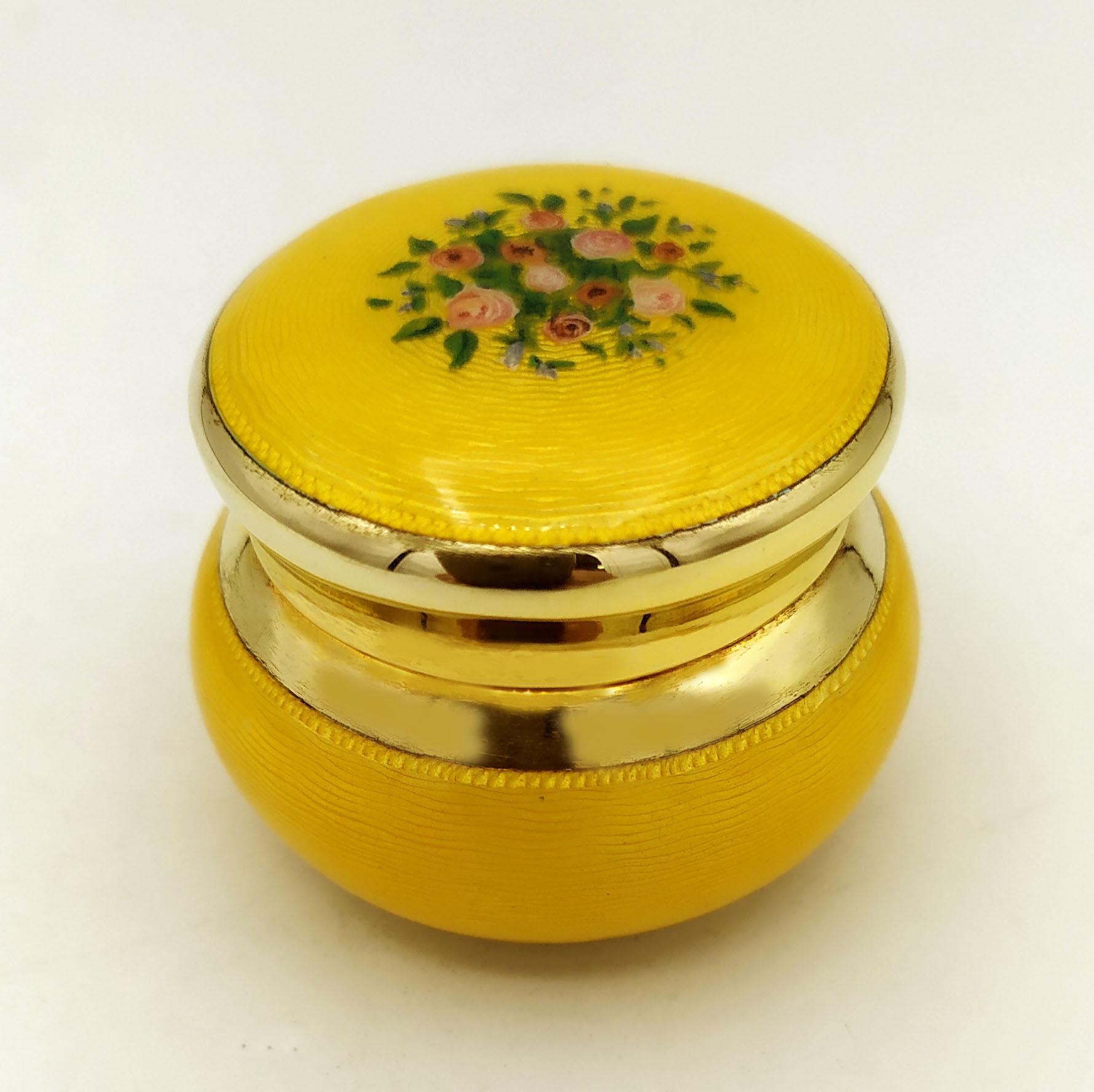 Late 20th Century Art Nouveau Pill Box Yellow Hand Painted Sterling Silver Enamel Salimbeni