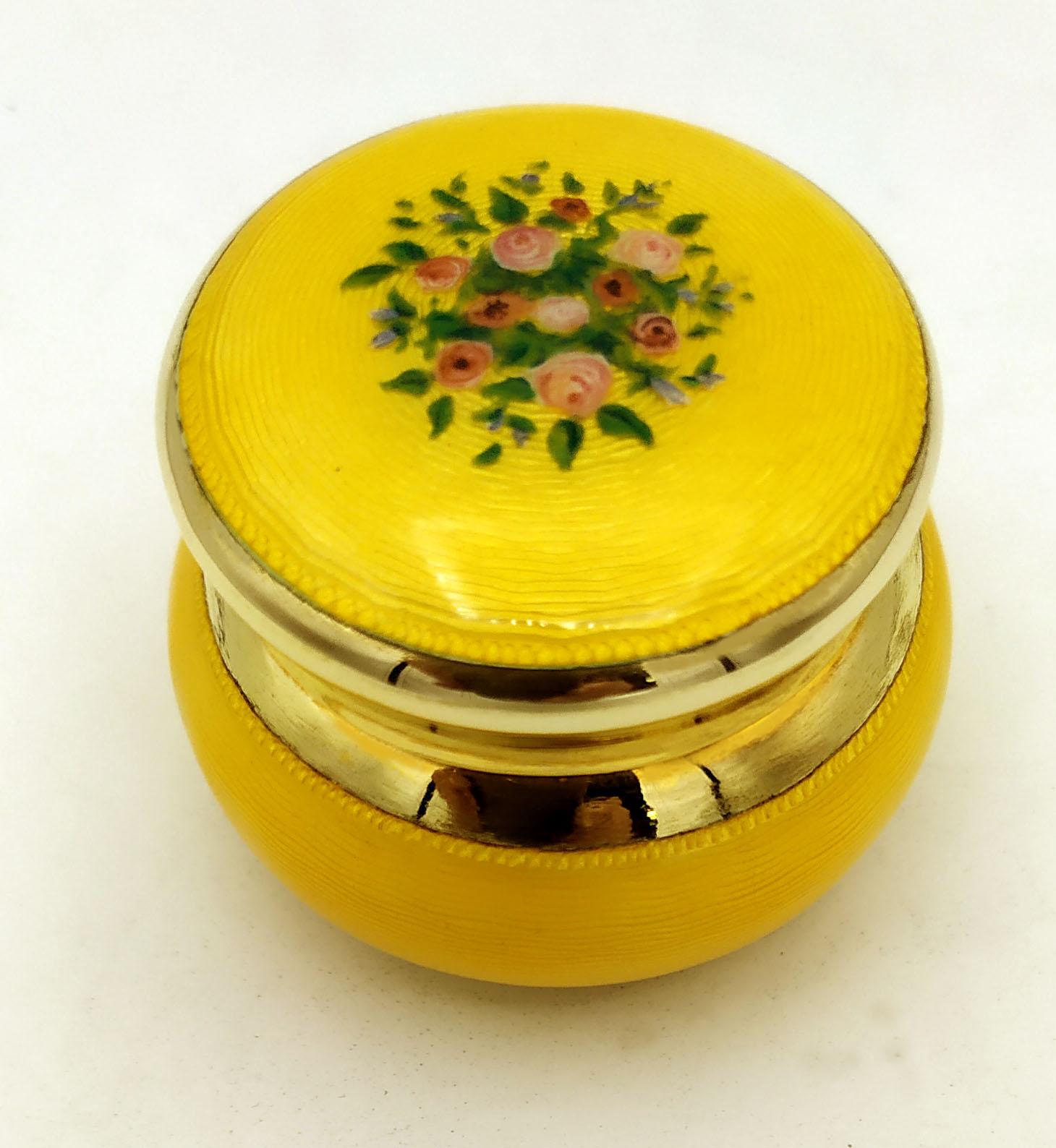 Art Nouveau Pill Box Yellow Hand Painted Sterling Silver Enamel Salimbeni 1