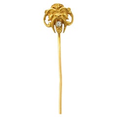 ART NOUVEAU pin shape of a gargoyle head with old mine cut diamond 18k gold