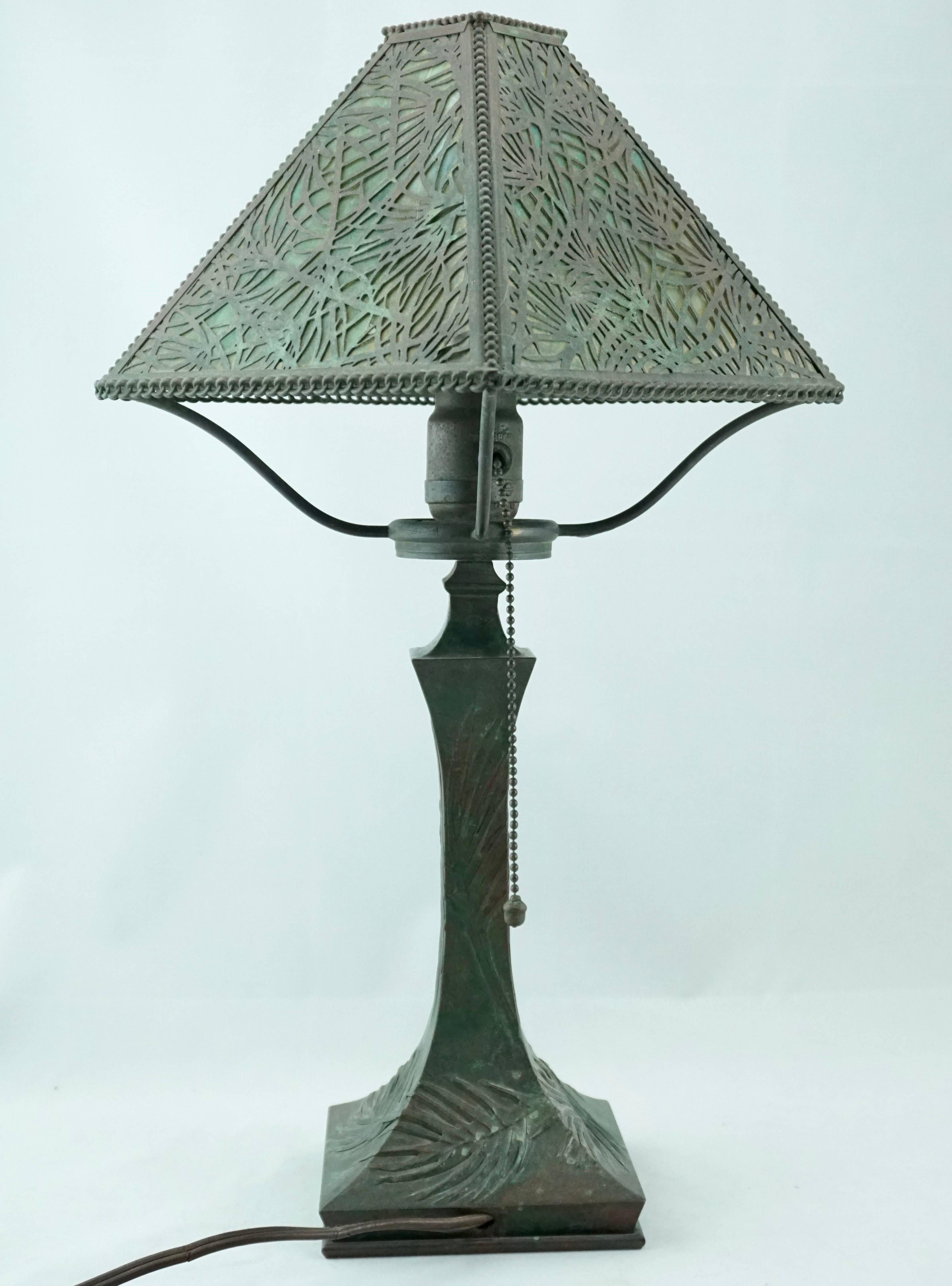 American Art Nouveau Pine Needle Bronze and Glass Riviere Studios Lamp, circa 1900