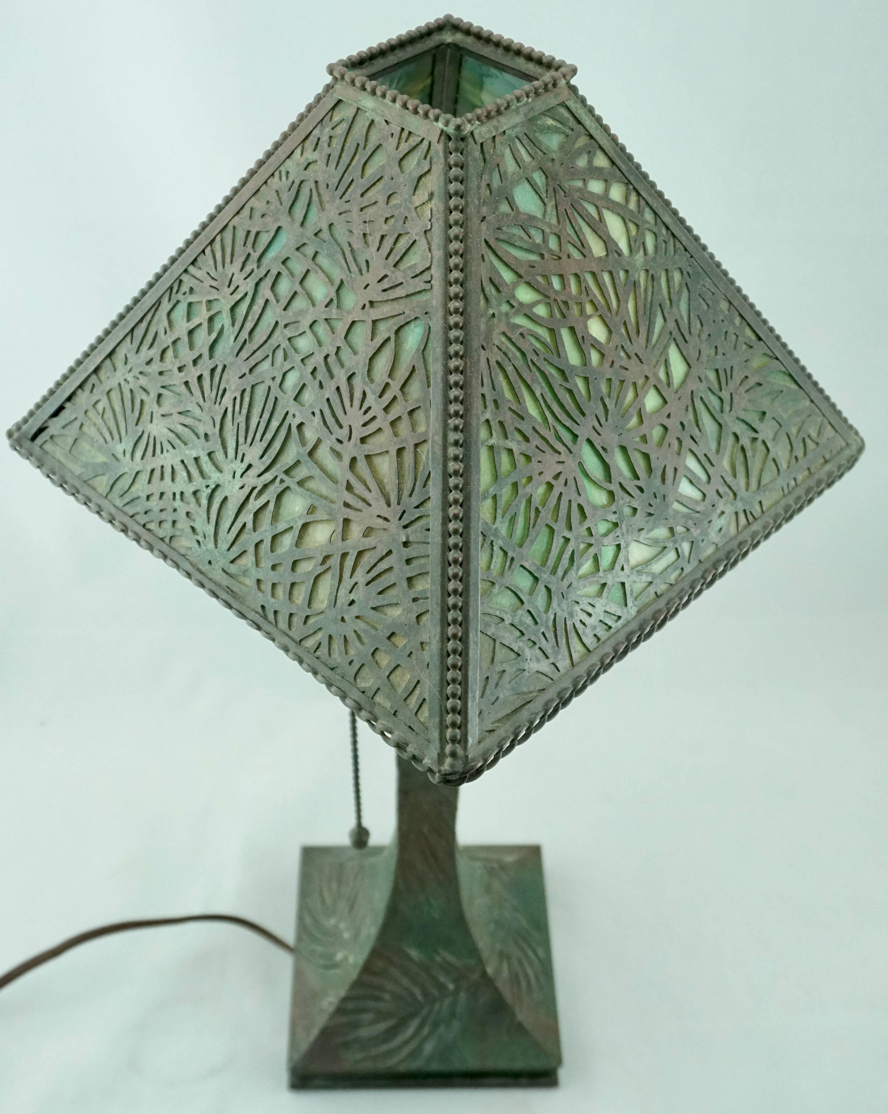 Art Nouveau Pine Needle Bronze and Glass Riviere Studios Lamp, circa 1900 In Good Condition In Dallas, TX