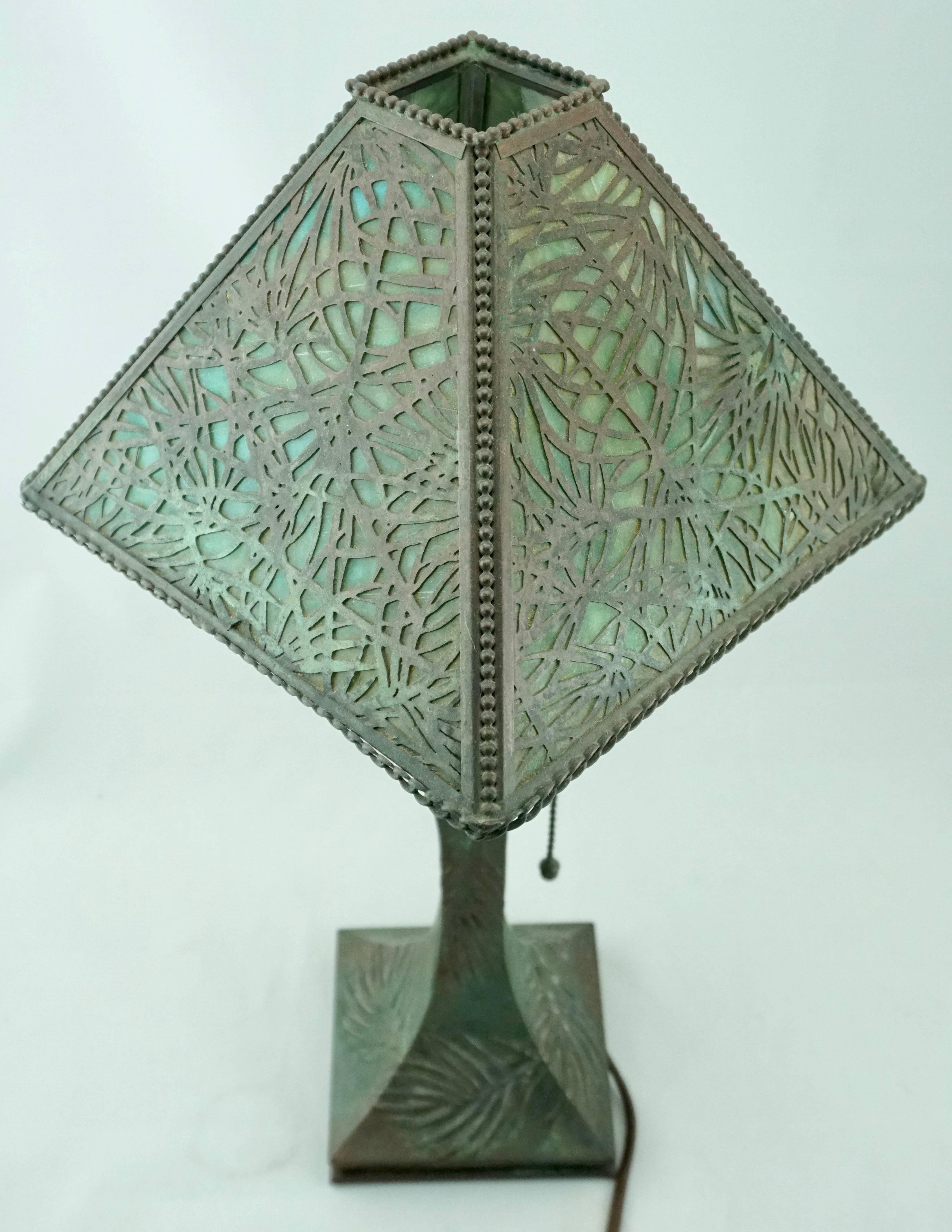 Early 20th Century Art Nouveau Pine Needle Bronze and Glass Riviere Studios Lamp, circa 1900