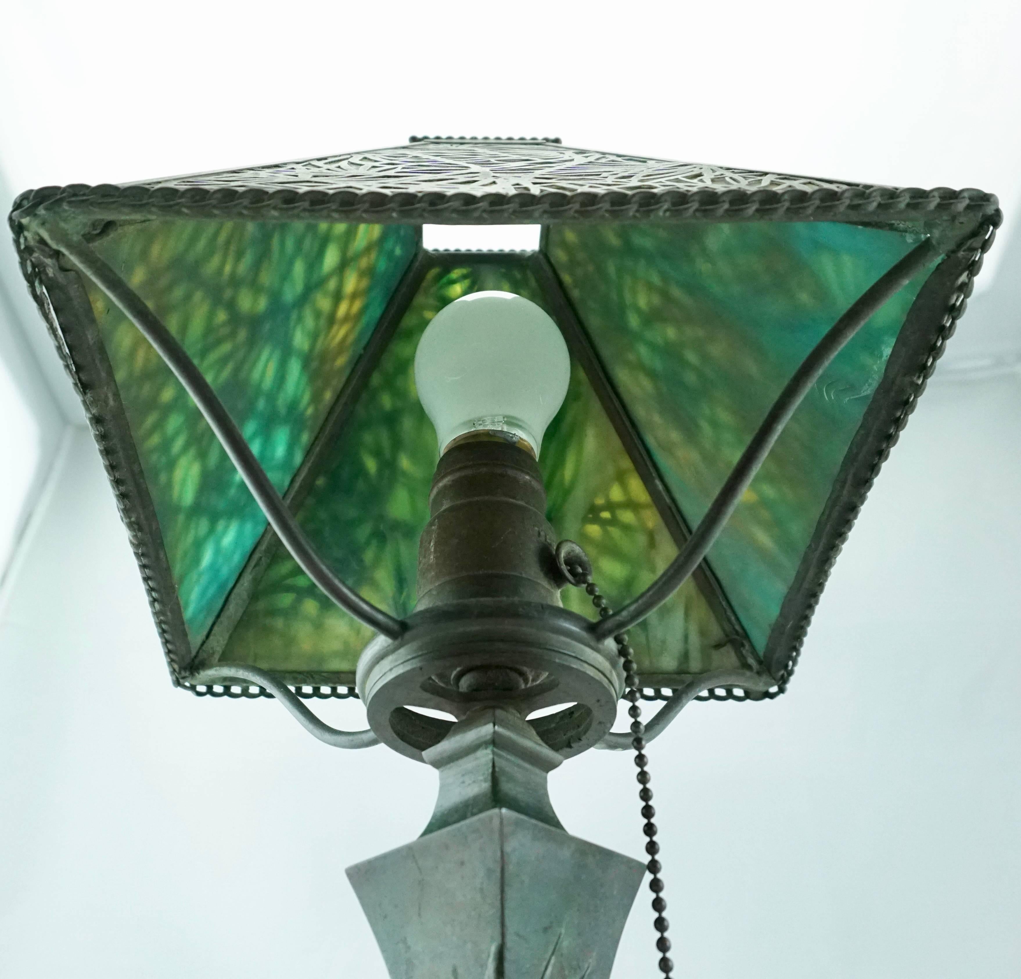 Art Nouveau Pine Needle Bronze and Glass Riviere Studios Lamp, circa 1900 1