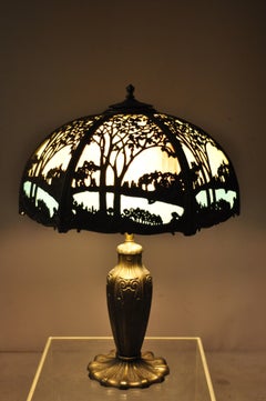 Art Nouveau Pink Blue Stained Glass Shade Tiffany Handel Style Parlor Lamp