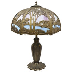 Antique Art Nouveau Pink Blue Stained Glass Shade Tiffany Handel Style Parlor Lamp