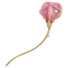 Art Nouveau Pink Enamel 14 Karat Yellow Gold Antique Sweetpea Flower Brooch