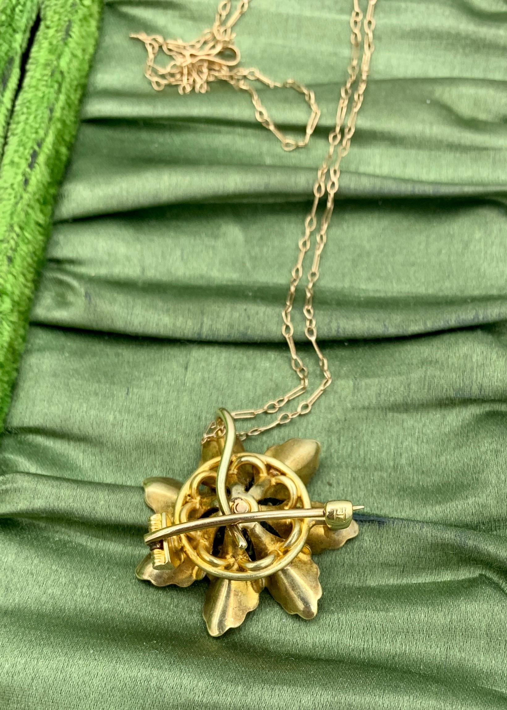Art Nouveau Pink Enamel Flower Pearl Necklace 14 Karat Gold Pendant Or Brooch For Sale 6