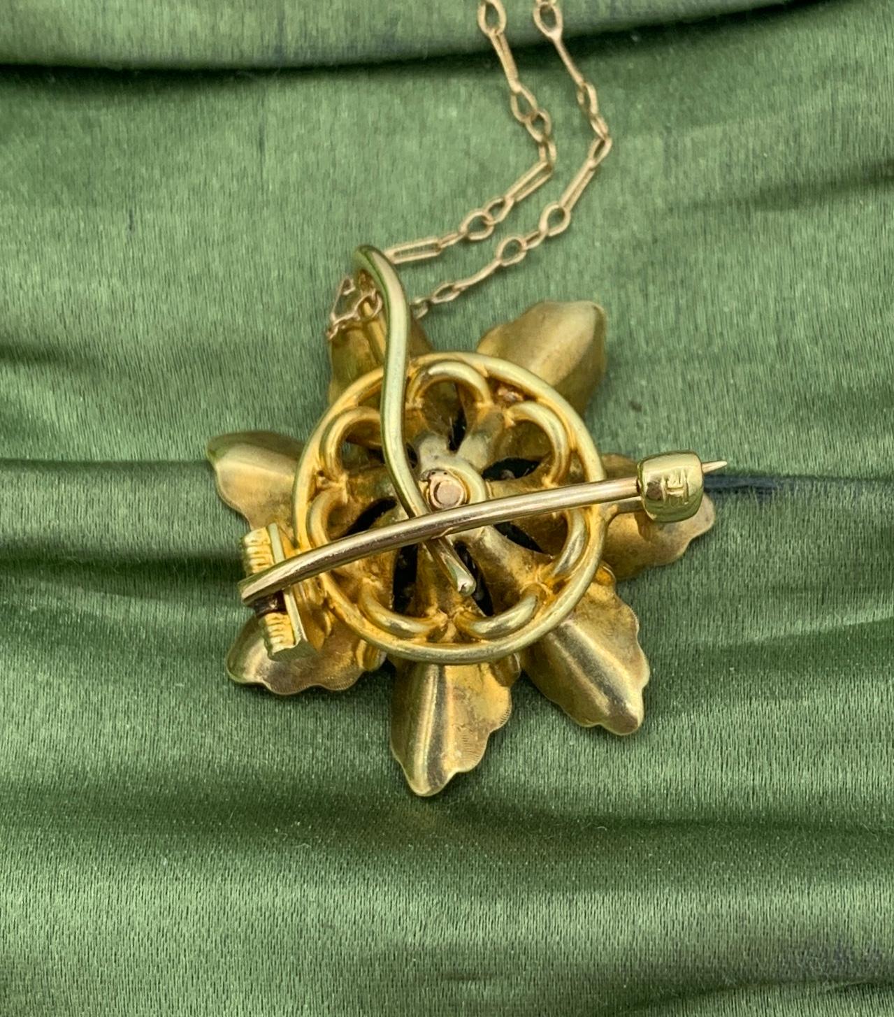 Art Nouveau Pink Enamel Flower Pearl Necklace 14 Karat Gold Pendant Or Brooch For Sale 7
