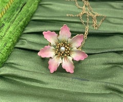 Art Nouveau Pink Enamel Flower Pearl Necklace 14 Karat Gold Pendant Or Brooch