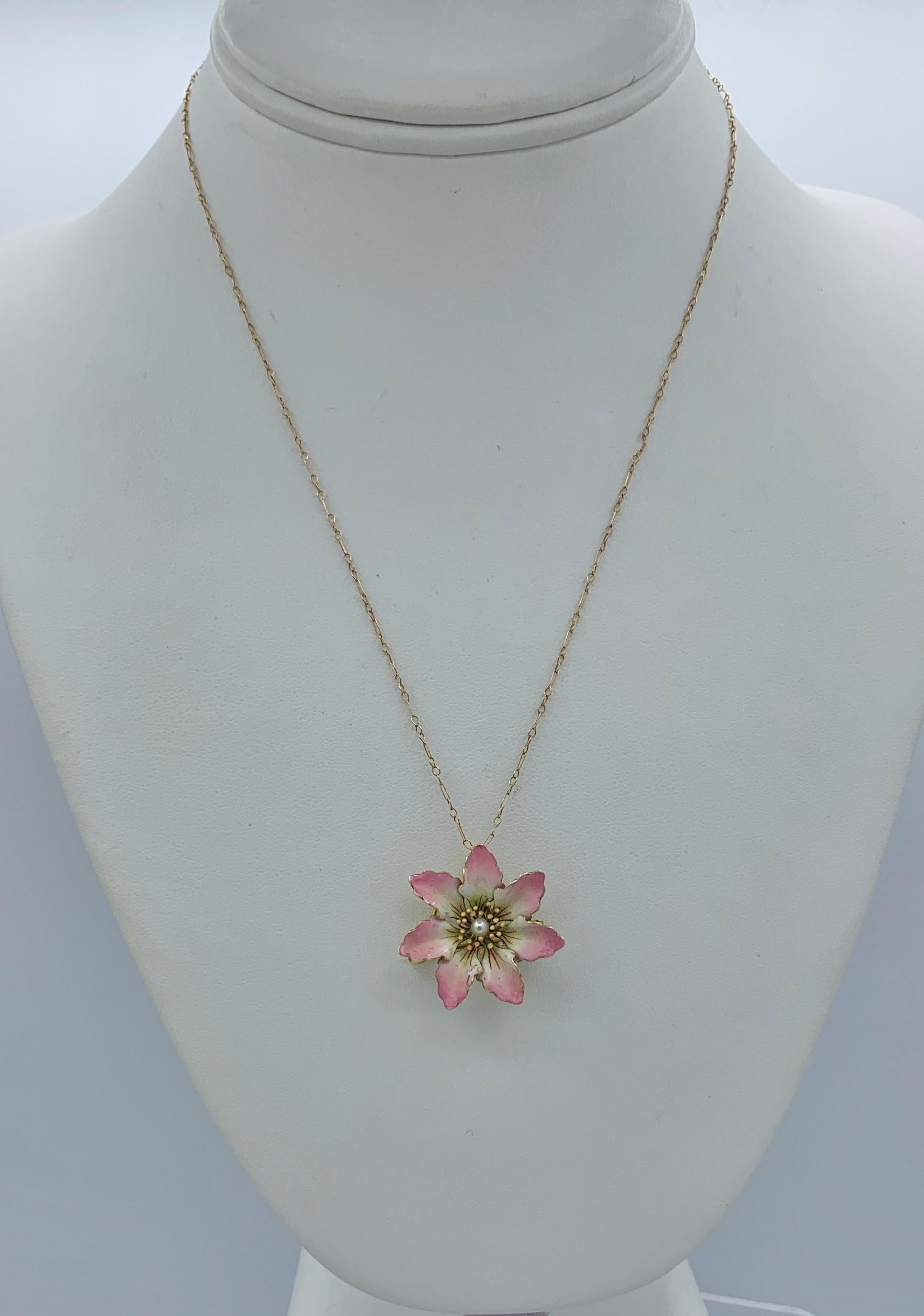Bead Art Nouveau Pink Enamel Flower Pearl Necklace 14 Karat Gold Pendant Or Brooch For Sale