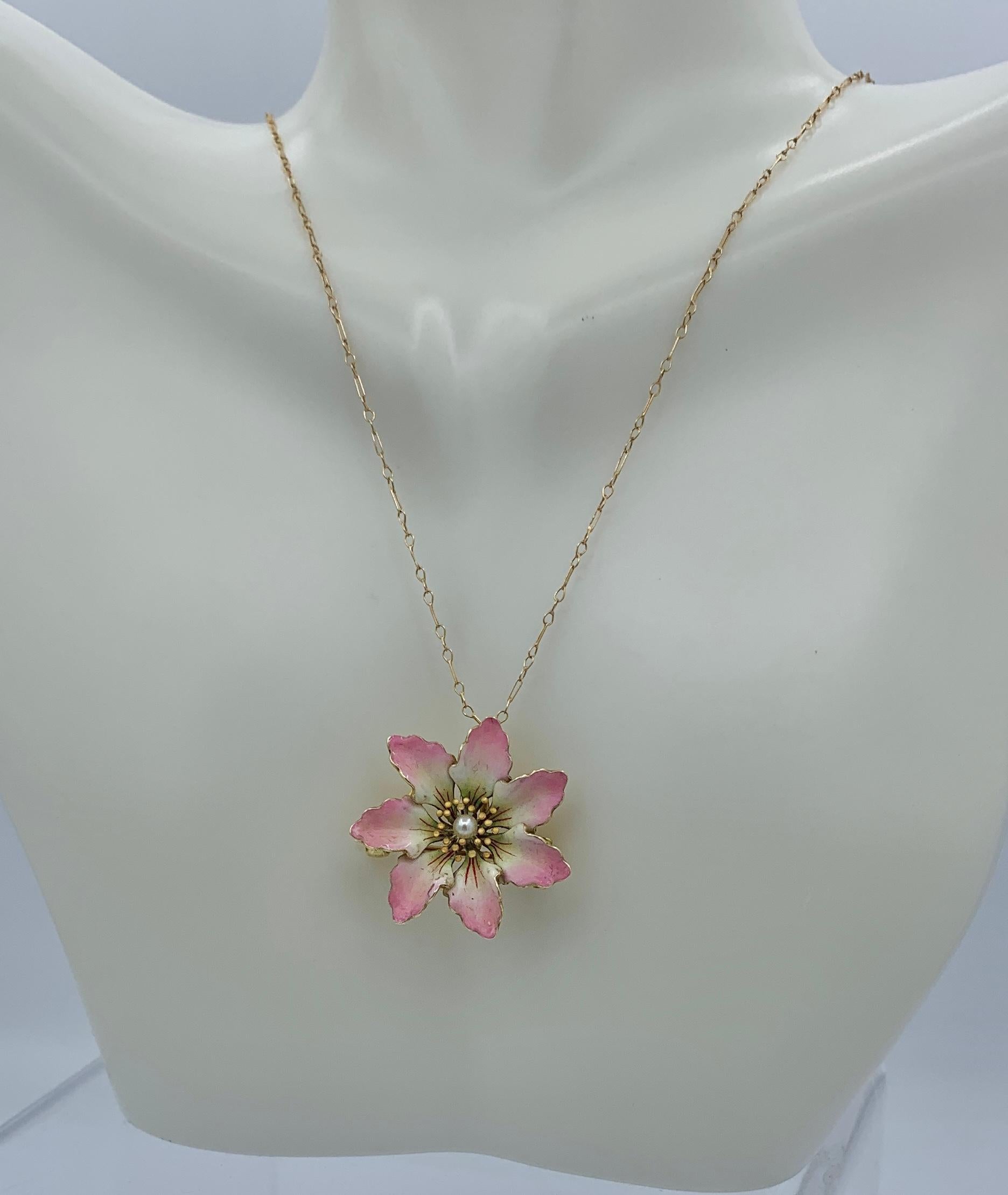 Women's Art Nouveau Pink Enamel Flower Pearl Necklace 14 Karat Gold Pendant Or Brooch For Sale
