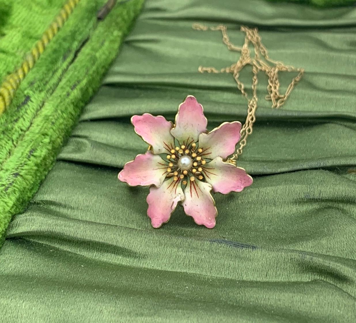 Art Nouveau Pink Enamel Flower Pearl Necklace 14 Karat Gold Pendant Or Brooch For Sale 1
