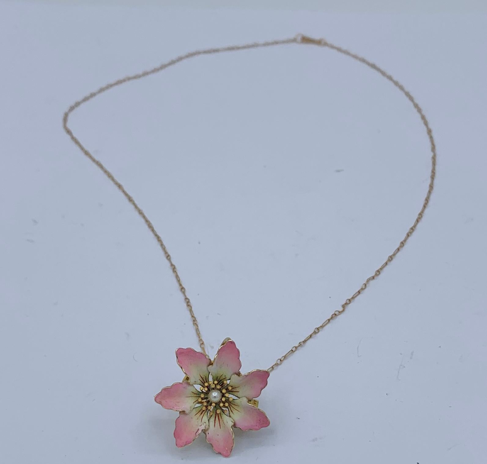 Art Nouveau Pink Enamel Flower Pearl Necklace 14 Karat Gold Pendant Or Brooch For Sale 2