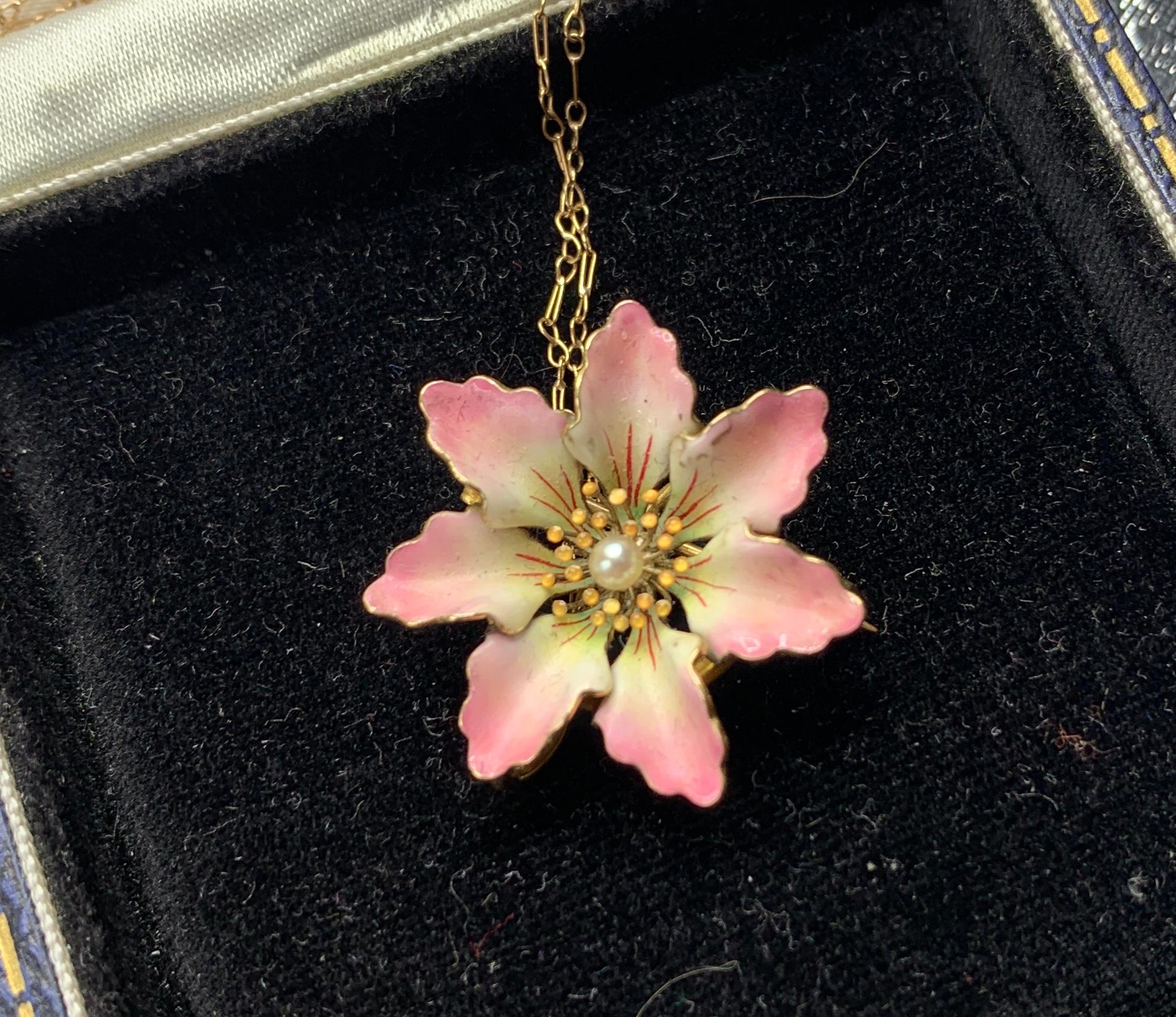 Art Nouveau Pink Enamel Flower Pearl Necklace 14 Karat Gold Pendant Or Brooch For Sale 3