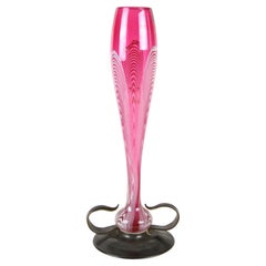 Antique Art Nouveau Pink Glass Vase on Brass Stand, Austria circa 1900