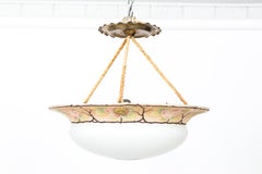 Art Nouveau Pink Rose Brass and White Glass Ceiling Light