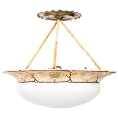 Art Nouveau Pink Rose Brass and White Glass Ceiling Light