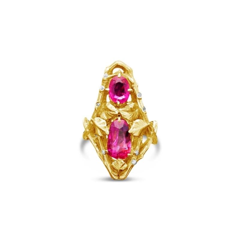 Striking Art Nouveau gold and pink sapphire ring by Paul Emile Brandt 1906, designed as a naturalistic open-work panel in yellow gold formed of branches and foliate motifs set vertically to the centre with one oval and one rounded pear shape pink