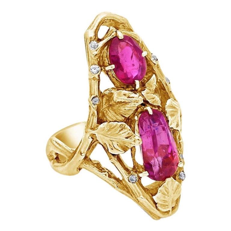 Art Nouveau Pink Sapphire Ring and Gold Foliate Design Ring by Paul