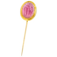Antique Art Nouveau Pink Tourmaline 14 Karat Gold Scarab Stickpin