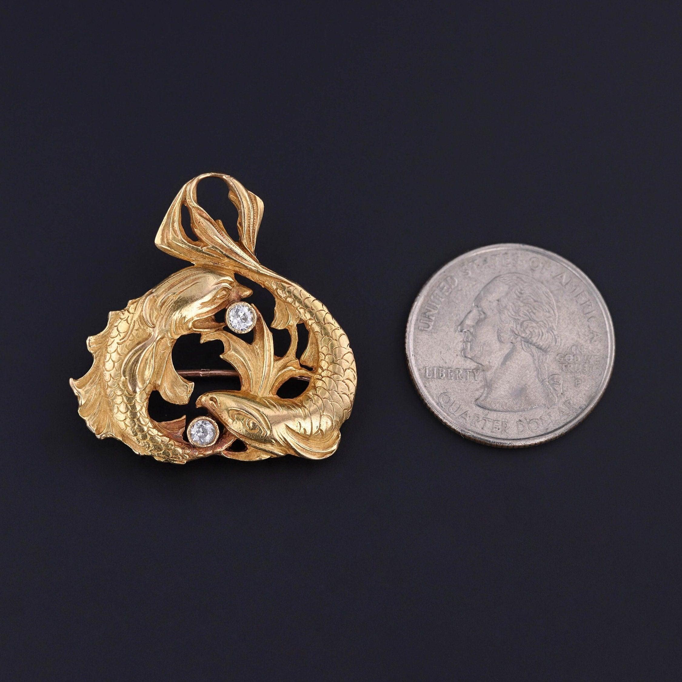 Old European Cut Art Nouveau Pisces Fish Brooch of 18k Gold For Sale