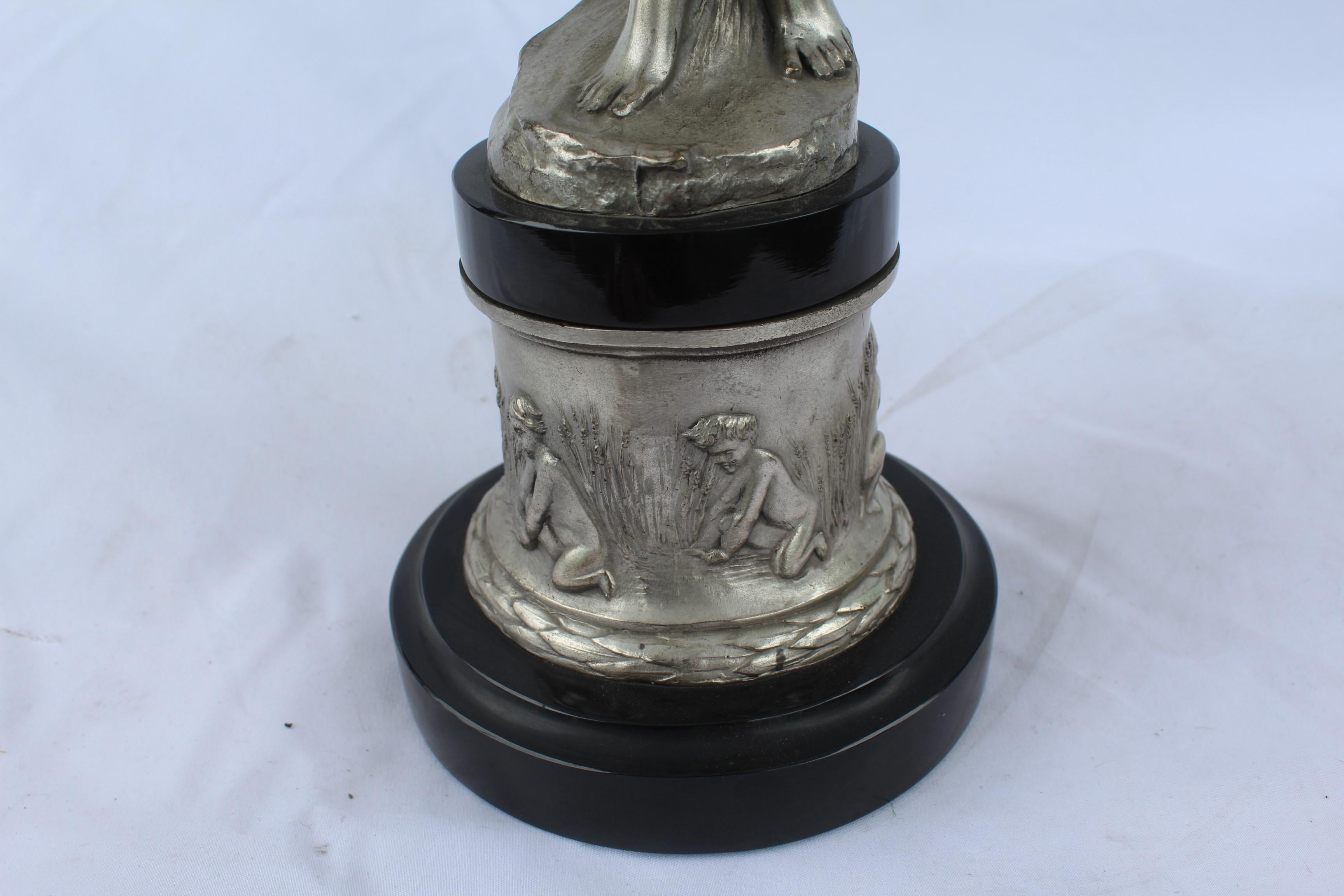 North American Art Nouveau Pixy, with Violin, Silvered Bronze after Aug Moreau Black Marble