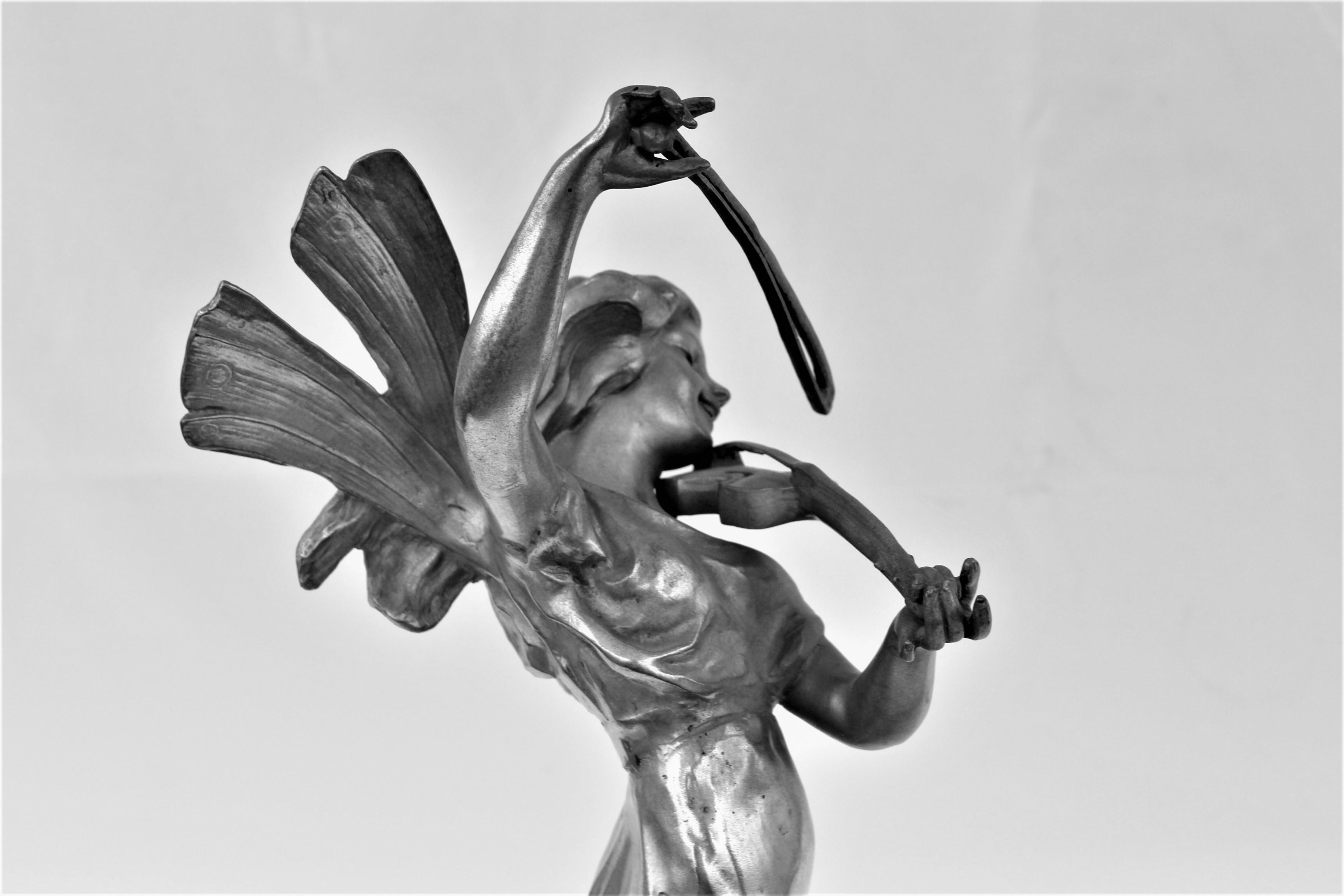 Art Nouveau Pixy, with Violin, Silvered Bronze after Aug Moreau Black Marble 1