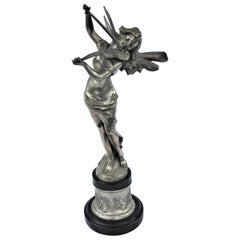 Art Nouveau Pixy, with Violin, Silvered Bronze after Aug Moreau Black Marble