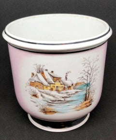 Art Nouveau Planter Porcelain Cachepot Hand Painted Winter Landscape German 1910